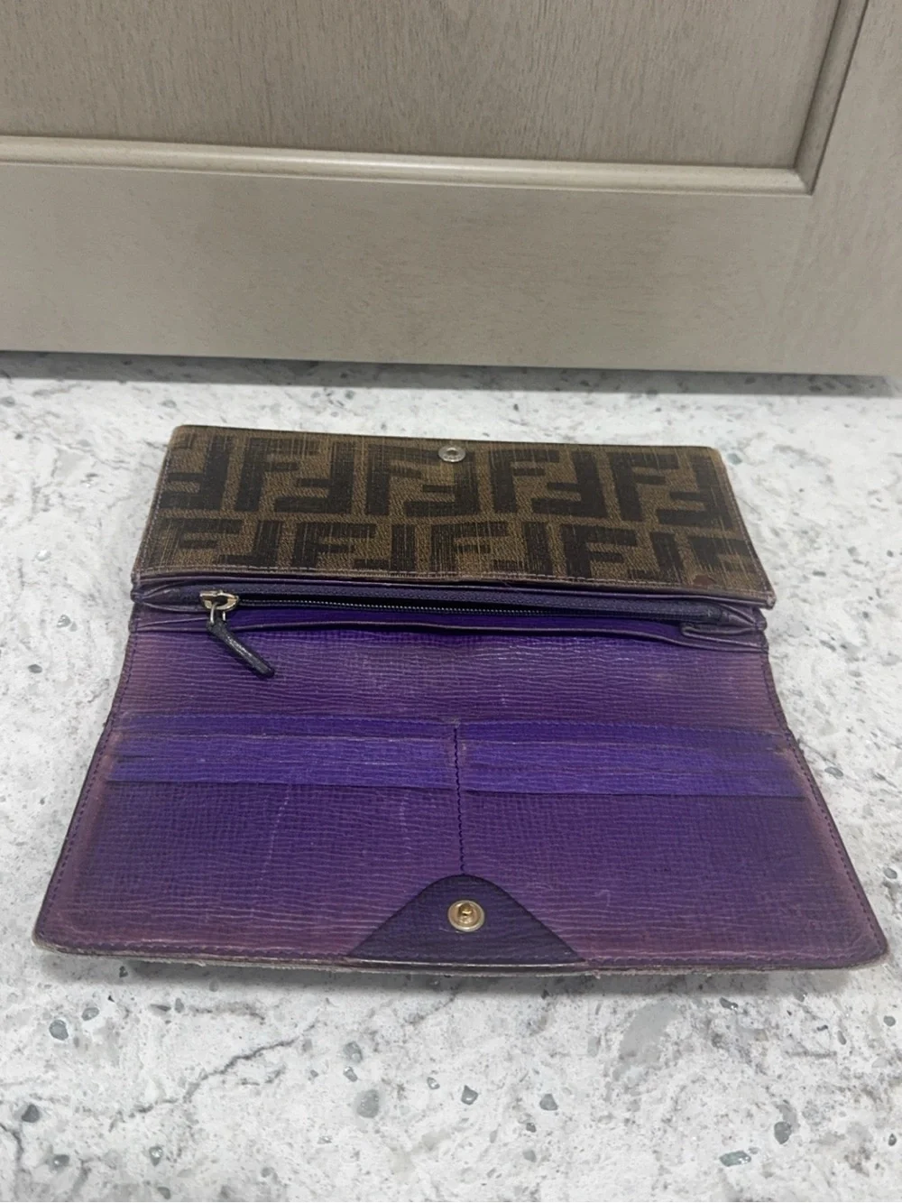 FENDI ZUCCA CONTINENTAL TOBACCO WALLET PURPLE INTERIOR —AUTHENTIC—